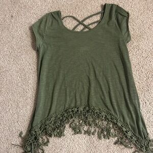 Army Green scoop neck flowy top with fringe and crossed back